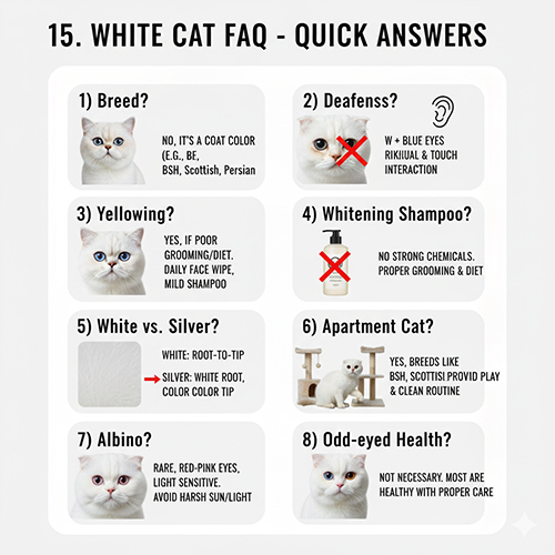 FAQ giải đáp nhanh các câu hỏi thường gặp về mèo trắng như di truyền, sức khỏe và chăm sóc