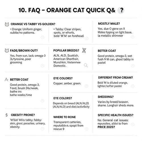 Bảng FAQ nhanh về mèo vàng gồm so sánh màu, gen, mắt, lông và giá 2025