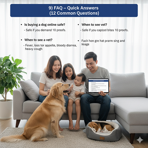 Gia đình đọc hướng dẫn trên máy tính bảng cùng hai chú chó trong phòng khách, minh họa phần “FAQ – 12 câu hỏi thường gặp khi mua chó an toàn”.