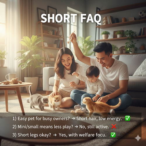 Gia đình vui đùa cùng các mèo con trong phòng khách sáng sủa, minh họa phần FAQ ngắn giải đáp thắc mắc về nhóm mèo lông ngắn, mini và chân ngắn.