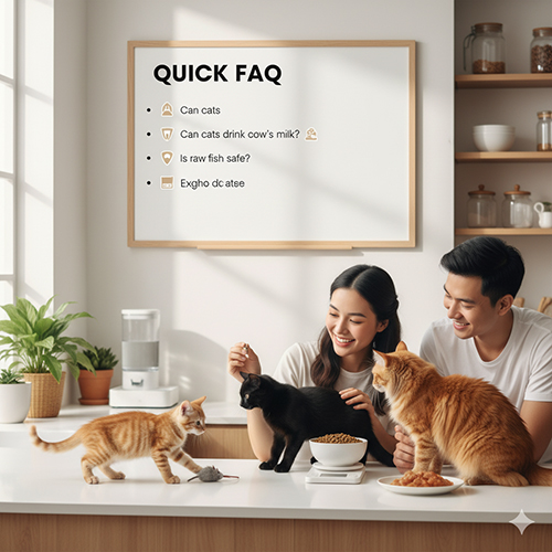 Cặp đôi trò chuyện cùng ba mèo trên quầy bếp, bảng “Quick FAQ” treo tường — minh họa những câu hỏi thường gặp về sữa bò, cá sống, kén ăn, bổ sung vitamin và uống nước.