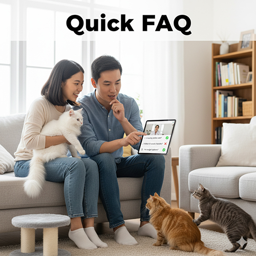 FAQ nhanh khi mua mèo cảnh: cách mua online an toàn, lý do không nên nhận mèo <8 tuần và lựa chọn phù hợp với ngân sách.