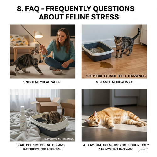 Những câu hỏi thường gặp về mèo bị stress như kêu đêm, tiểu bậy, pheromone và thời gian hồi phục