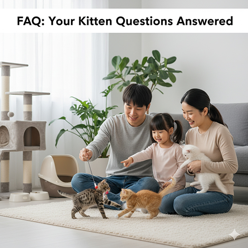 Gia đình vui chơi cùng ba mèo con trong phòng khách, minh họa mục hỏi đáp nhanh về cách nuôi và chăm sóc mèo con mới đón về.