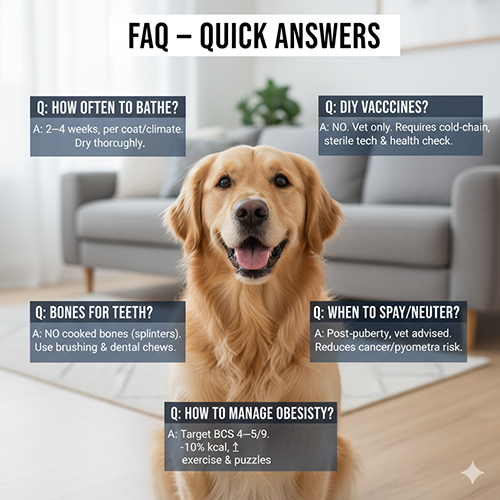 Chó Golden Retriever ngồi trong phòng khách, xung quanh là các hộp thoại hỏi đáp về tắm, tiêm phòng, ăn xương, triệt sản và kiểm soát béo phì, minh họa phần FAQ sức khỏe cho chó.