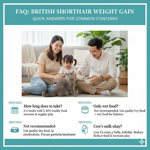 Gia đình ba người ngồi chơi cùng mèo Anh lông ngắn lông xám trong phòng khách sáng, minh họa phần FAQ về tăng cân cho mèo