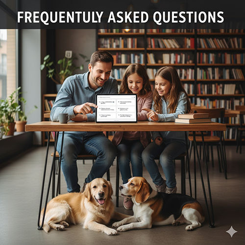 Gia đình cùng hai chú chó đọc phần hỏi–đáp về nguồn gốc và tiến hóa loài chó.