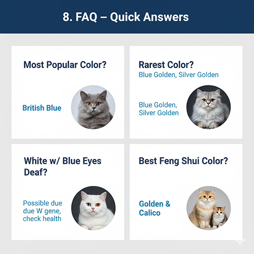 Bảng tổng hợp câu hỏi nhanh về màu mèo Anh với hình ảnh minh họa mèo xám, mèo silver golden, mèo trắng mắt xanh và mèo golden tam thể