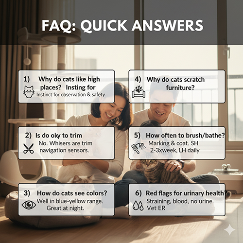 Cặp đôi vui vẻ chơi với mèo trong phòng khách, kèm bảng câu hỏi và đáp án ngắn gọn về hành vi và sức khỏe mèo.