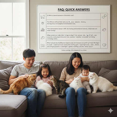 FAQ về mèo – giải đáp nhanh các câu hỏi phổ biến như tổ tiên mèo nhà, mức độ thuần hoá, bản năng, vai trò trên tàu thuyền và cách mèo gắn bó với con người.