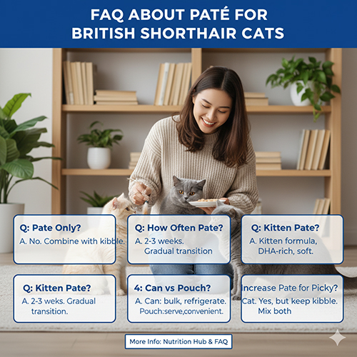 Cô gái cho mèo Anh lông ngắn ăn pate trên sàn gỗ, minh họa phần hỏi đáp về cách cho ăn pate đúng cách