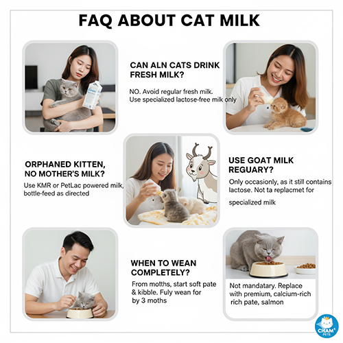 Tổng hợp câu hỏi thường gặp về sữa cho mèo Anh lông ngắn, minh họa bằng hình ảnh mèo con được cho bú, uống sữa và tập ăn pate.