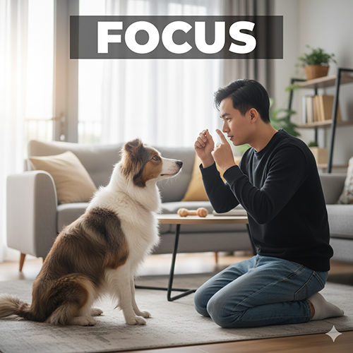 Bài tập Focus trong huấn luyện chó: người huấn luyện dạy chó nhìn vào mắt khi được gọi tên