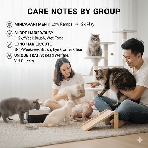 Ghi chú chăm sóc mèo theo từng nhóm đặc trưng như mini, lông ngắn, lông dài và đặc trưng hình thái