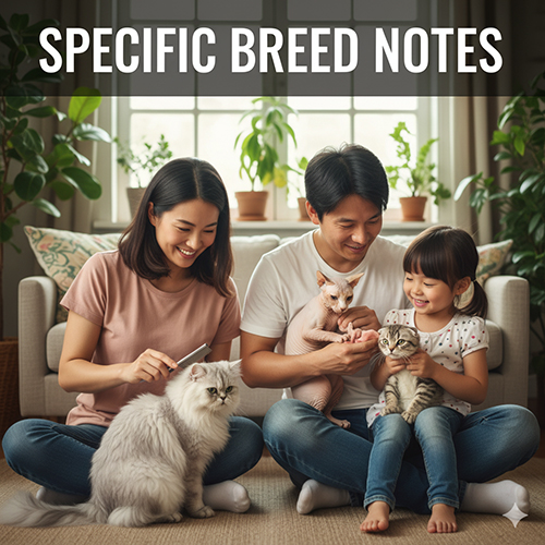 Gia đình đang chăm sóc nhiều giống mèo khác nhau như mèo Ba Tư, Sphynx và mèo lông ngắn, minh họa cho hướng dẫn chăm sóc đặc thù theo từng giống mèo.