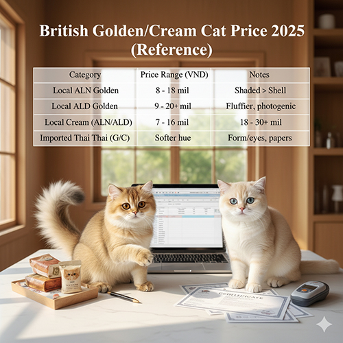 Hai chú mèo Anh màu golden và cream ngồi trên bàn làm việc có laptop và bảng giá, ánh sáng tự nhiên dịu, thể hiện thông tin tham khảo giá năm 2025.