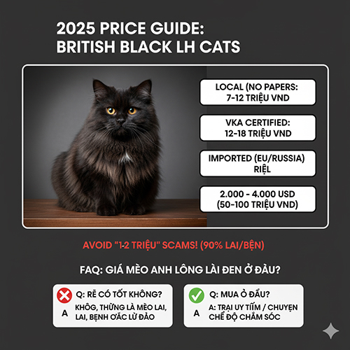 Giá mèo Anh lông dài đen năm 2025 – bảng giá chi tiết theo nguồn gốc và lưu ý khi mua mèo British Longhair Black