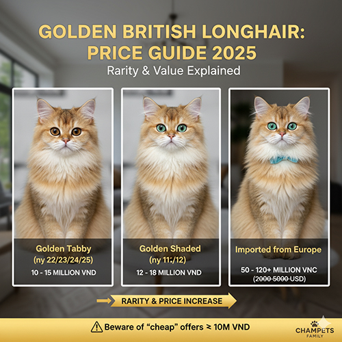 Giá mèo Anh lông dài Golden năm 2025 theo từng biến thể: Golden Tabby, Golden Shaded và nhập khẩu châu Âu