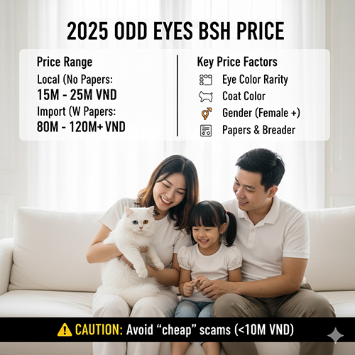 Gia đình ngồi trên sofa vuốt ve mèo Anh lông dài trắng mắt 2 màu – minh họa bảng giá mèo odd eyes năm 2025