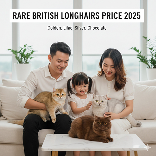 Gia đình vui đùa cùng ba chú mèo Anh lông dài màu hiếm Golden, Silver và Chocolate – minh họa bài viết giá mèo ALD màu hiếm 2025