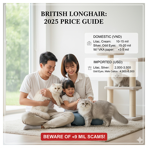Giá mèo Anh lông dài màu hiếm năm 2025 – cập nhật bảng giá chi tiết theo màu, nguồn gốc và giấy tờ.