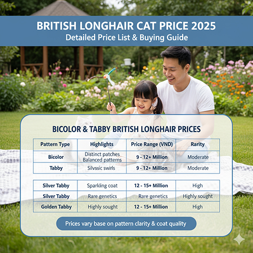 Gia đình chơi cùng mèo Anh lông dài màu hiếm trong công viên – minh họa bảng giá mèo Anh lông dài theo màu sắc 2025