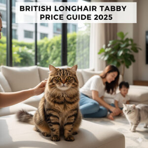 Mèo Anh lông dài Tabby ngồi trên ghế sofa trong phòng khách, phía sau là gia đình đang chơi cùng mèo khác – minh họa bài viết giá mèo ALD vằn mướp 2025