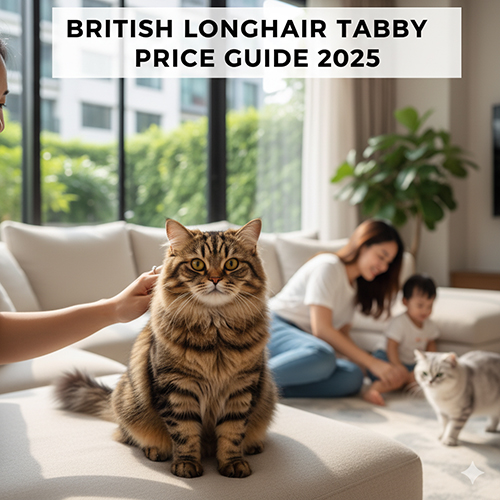 Mèo Anh lông dài Tabby ngồi trên ghế sofa trong phòng khách, phía sau là gia đình đang chơi cùng mèo khác – minh họa bài viết giá mèo ALD vằn mướp 2025