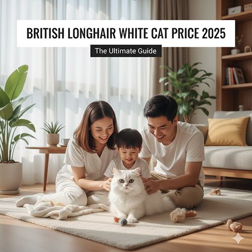 Gia đình Việt Nam vui đùa cùng mèo Anh lông dài trắng trong phòng khách sáng sủa, minh họa cho bài viết về giá mèo ALD trắng năm 2025