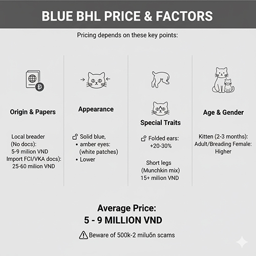 Bảng thông tin giá mèo Anh lông dài xám với các yếu tố ảnh hưởng như nguồn gốc, ngoại hình, đặc điểm đặc biệt và độ tuổi