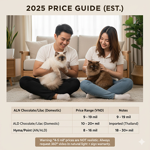 Cặp đôi trẻ ngồi trên sàn cùng hai chú mèo Anh màu nâu và hyma, cạnh bảng giá mèo Anh năm 2025 hiển thị mức giá tham khảo theo dòng lông và nguồn gốc.