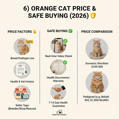Infographic giá mèo cam và các tiêu chí mua mèo cam an toàn như sức khỏe, giấy tờ và người bán