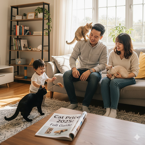 Gia meo 2025 – huong dan doc gia & mua an toan; hinh anh gia dinh vui choi cung nhieu meo trong phong khach day anh sang