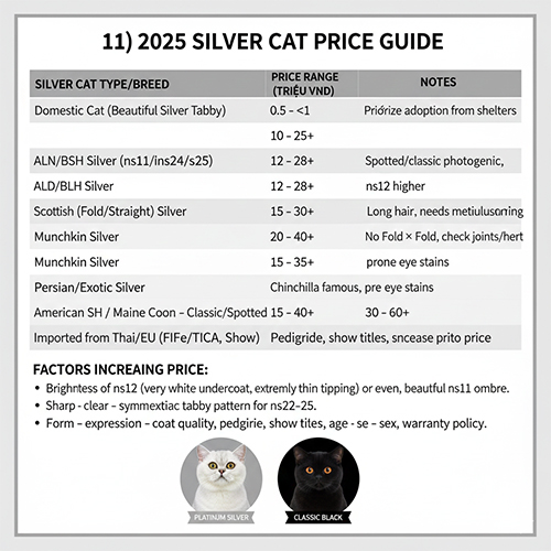 Bảng giá mèo Silver theo giống và kiểu màu bạc