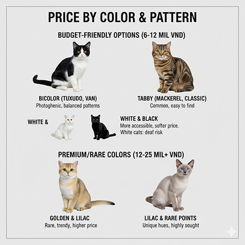 Giá mèo theo màu lông và pattern như bicolor, tabby, golden, lilac