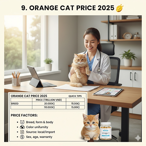 Bác sĩ thú y bế mèo vàng và bảng giá mèo vàng 2025 trên bàn làm việc