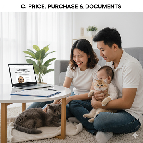 Gia đình trẻ xem hợp đồng và thông tin mua bán mèo Anh trên laptop, ôm mèo Anh golden và mèo Anh xám – minh họa cho phần giá, nơi mua và giấy tờ trong FAQ mèo Anh.
