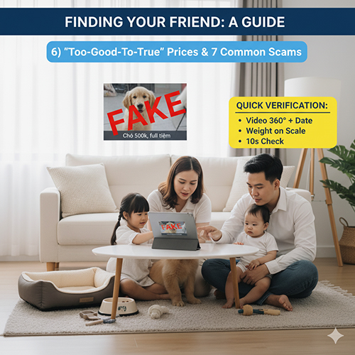 Gia đình xem máy tính bảng hiển thị hình chó giả mạo với chữ “FAKE”, minh họa cảnh báo “giá rẻ ảo” và 7 bẫy thường gặp khi mua chó.