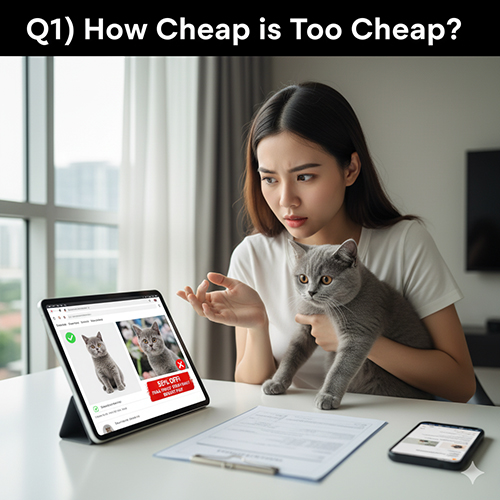 Cô gái ôm mèo Anh và nhìn màn hình máy tính bảng hiển thị tin rao giá rẻ, biểu cảm nghi ngờ, minh họa cho câu hỏi “Giá rẻ bao nhiêu thì nên nghi ngờ?”