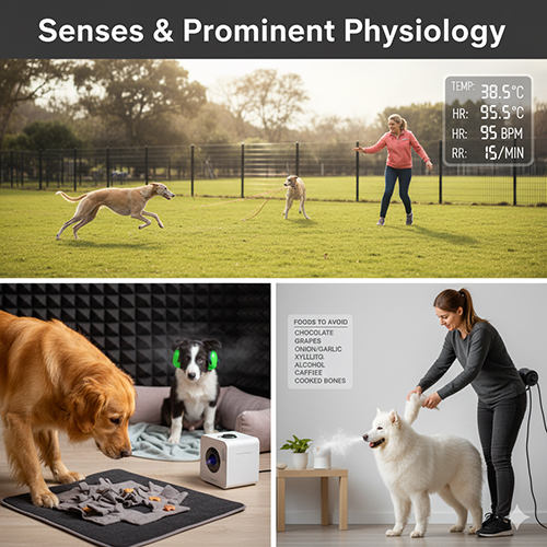 Giác quan & sinh lý nổi bật ở chó: trò mũi, luyện âm thanh, chăm lông–điều nhiệt, chỉ số bình thường và thực phẩm cấm