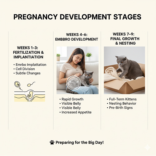 Infographic mô tả các giai đoạn phát triển thai kỳ của mèo Anh lông ngắn từ tuần 1 đến tuần 9