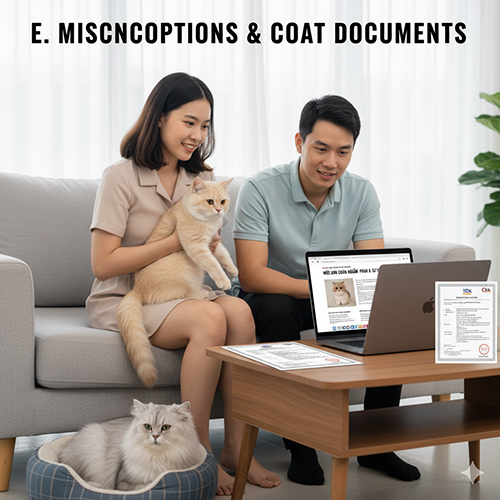Cặp đôi trẻ xem giấy tờ mèo Anh và hình ảnh trên laptop, cạnh hai chú mèo British lông vàng và lông trắng – minh họa cho phần “Giải ngộ nhận” về mèo Anh chân ngắn, tai cụp và mèo lai.
