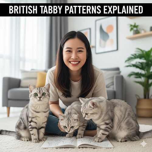 Cô gái ngồi trong phòng khách cùng hai chú mèo Anh silver tabby đang nhìn vào quyển sách mở, các vân sọc dưa rõ ràng trên lông mèo.
