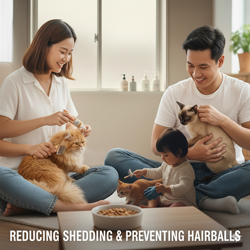 Gia đình đang chải lông cho mèo và cho mèo ăn, minh họa cho hướng dẫn giảm rụng lông và phòng ngừa búi lông ở mèo.