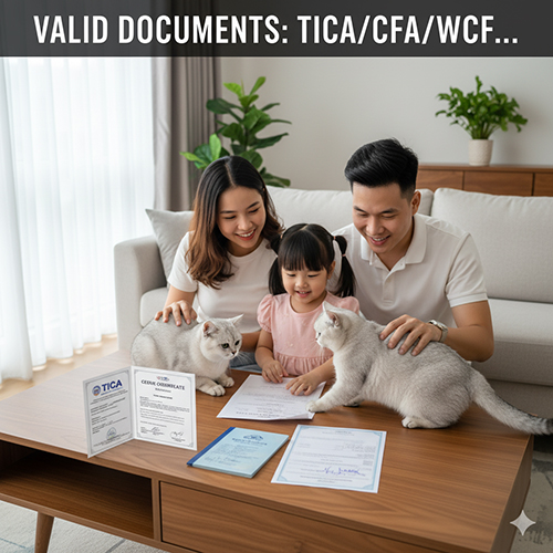 Gia đình cùng hai chú mèo Anh xem giấy tờ trên bàn gồm Pedigree, sổ tiêm và chứng nhận TICA hợp lệ.