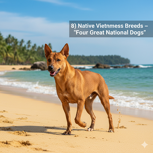 Chó bản địa Việt Nam chạy trên bãi biển; minh họa “Tứ đại quốc khuyển”