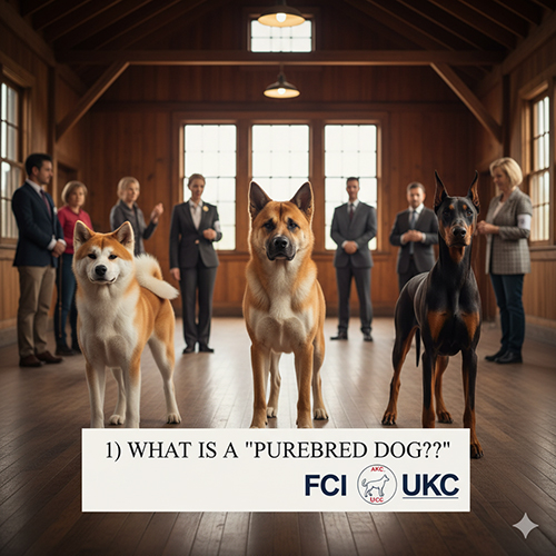 Ba chú chó đứng trong phòng chấm thi cùng giám khảo phía sau; dòng chữ “What is a purebred dog?” và logo AKC, FCI, UKC.