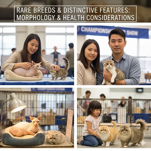 Nhiều gia đình tham gia triển lãm mèo với các giống hiếm như Sphynx, Scottish Fold, Manx và Persian, thể hiện sự đa dạng về hình thái và đặc điểm sức khỏe