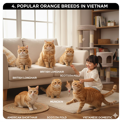 Nhiều giống mèo vàng như ALN, ALD, Scottish, Munchkin, American Shorthair và mèo ta đang chơi cùng bé gái