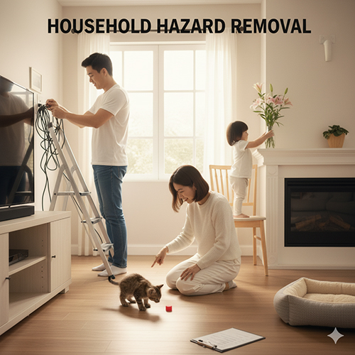 Gia đình gỡ nguy cơ trong nhà trước khi đón mèo con: thu dây điện, cất vật nhỏ dễ nuốt, kiểm tra cây độc và hóa chất, che cửa sổ/ban công